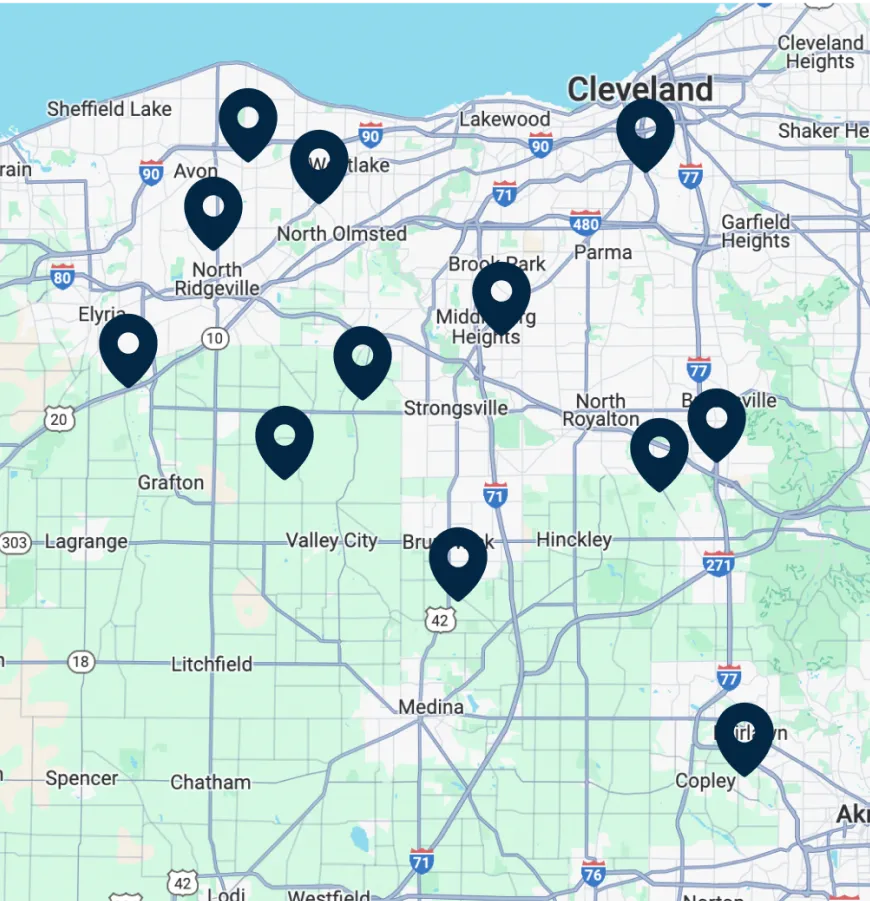 Map of Ben's Air Duct Cleaning's Northeast Ohio service area with pins across Greater Cleveland