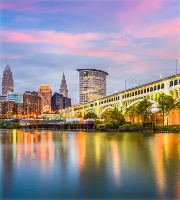 The Cleveland, Ohio skyline over the Cuyahoga River