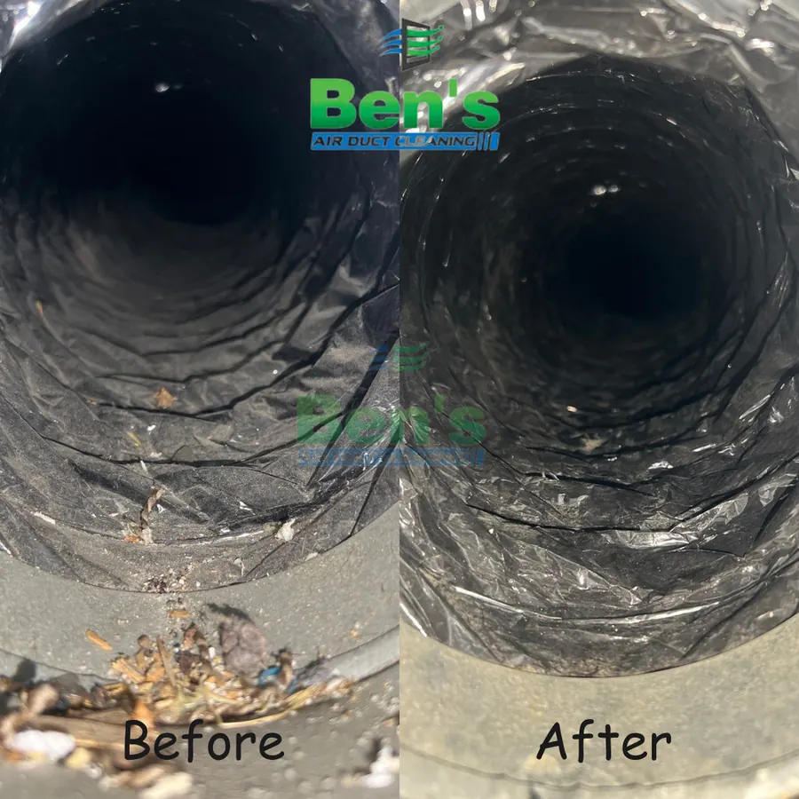 Before and after inside a round metal air duct — loose debris and dust removed down to bare steel (Ben's job photo)