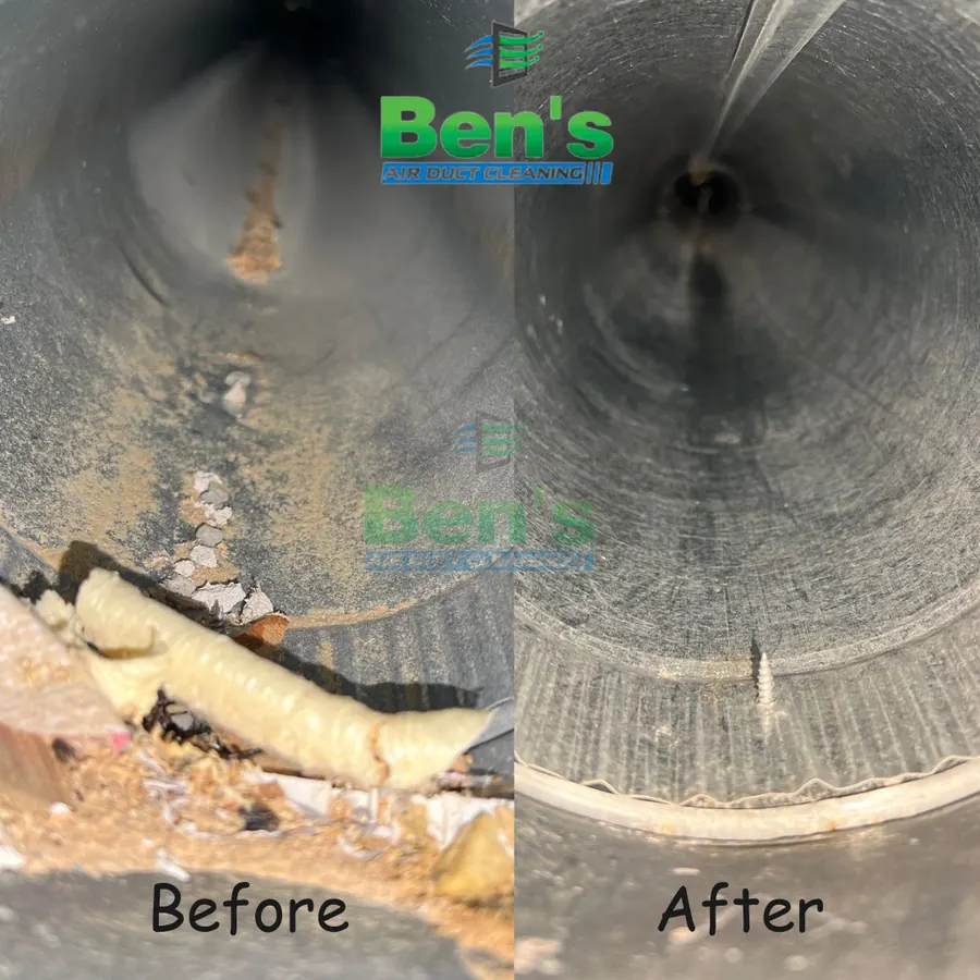 Before and after looking down a round air duct — heavy dust and rust-stained debris cleared to clean metal (Ben's job photo)