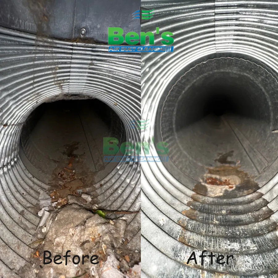 Before and after inside a ribbed flex duct — lint and debris removed from the full length (Ben's job photo)