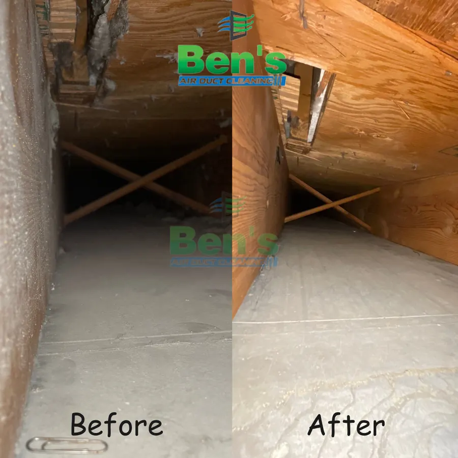 Before and after of a joist-panned return cavity — insulation dust and cobwebs cleared from the framing (Ben's job photo)