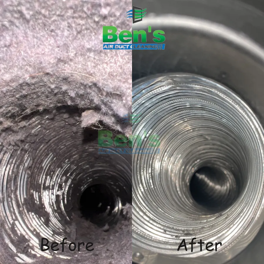 Before and after inside a flexible air duct — grey dust buildup removed to a clean liner (Ben's job photo)