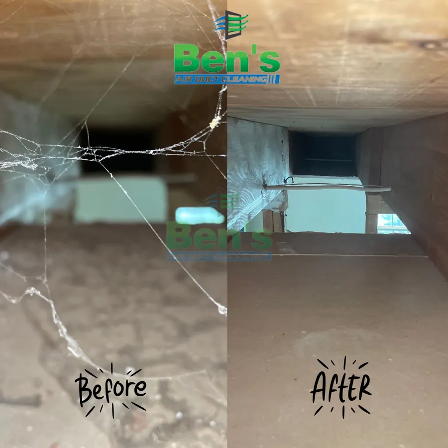 Before and after of a return duct chase — cobwebs and settled dust removed from the cavity (Ben's job photo)