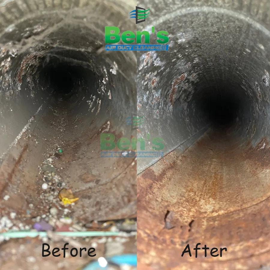 Before and after looking into a round air duct — debris at the base removed to bare galvanized steel (Ben's job photo)