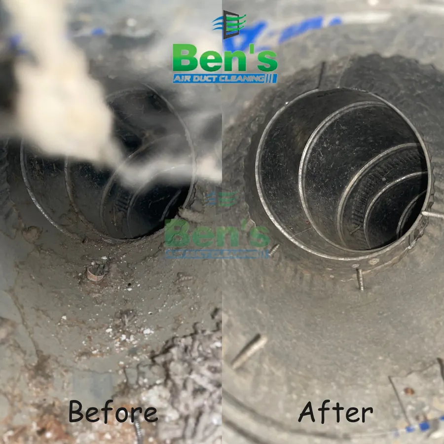 Before and after of a spiral duct interior — dust coating removed to clean ridged metal (Ben's job photo)