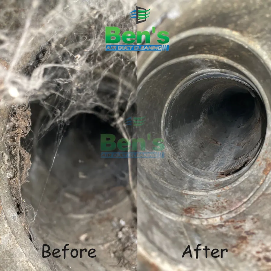 Before and after looking down twin round ducts — grey dust cleared to bare metal (Ben's job photo)